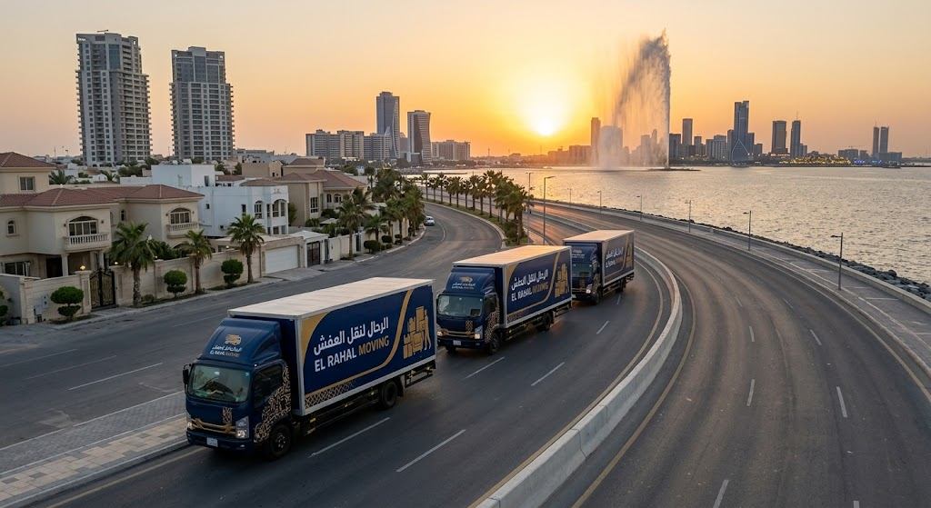 فريق الرحال يحمل الأثاث بطريقة صحيحة على رامب الشاحنة بجدة