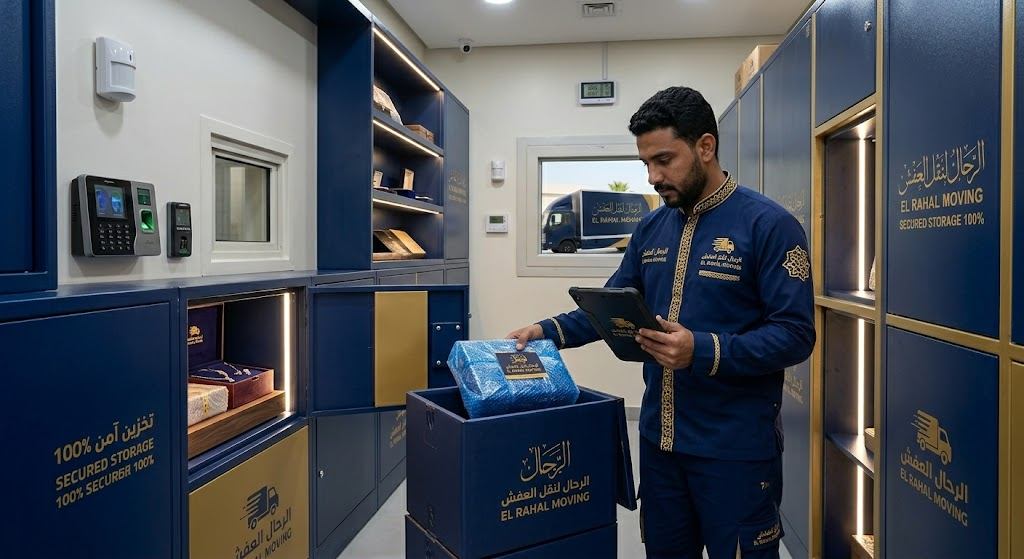 فني الرحال يغلف الدولاب بالبلاستيك الفقاعي قبل نقل العفش بجدة