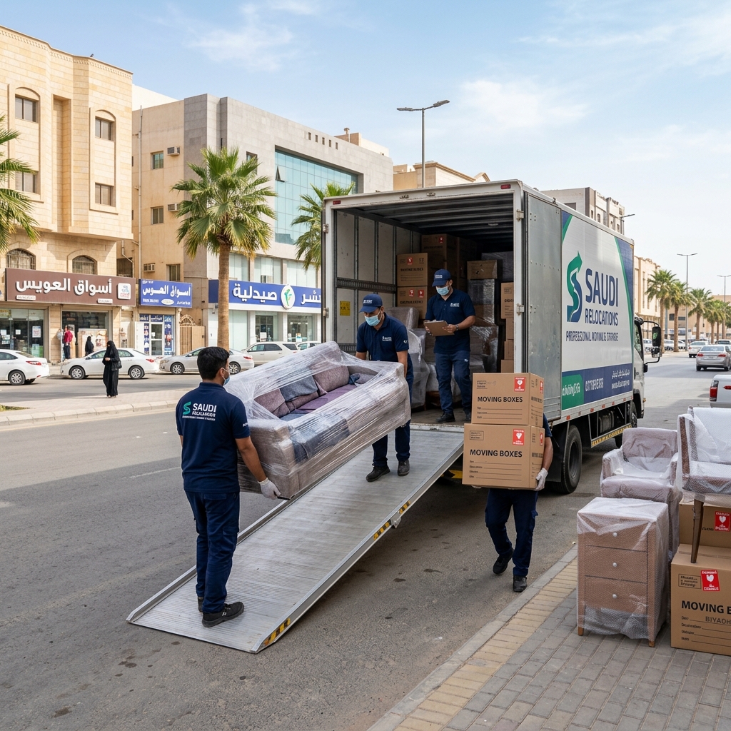تحميل الأثاث في سيارة الدينا المغلقة بترتيب صحيح نقل عفش جدة